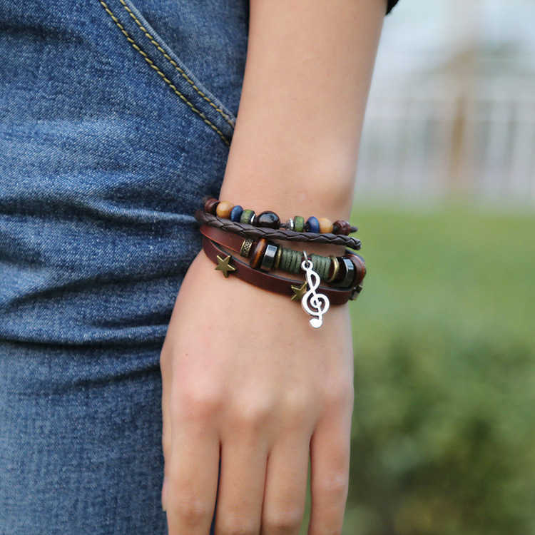 Charm Bracelets New accessories Simple multi-layer beaded leather bracelet personalized note pendant bracelet music festival accessories H25220
