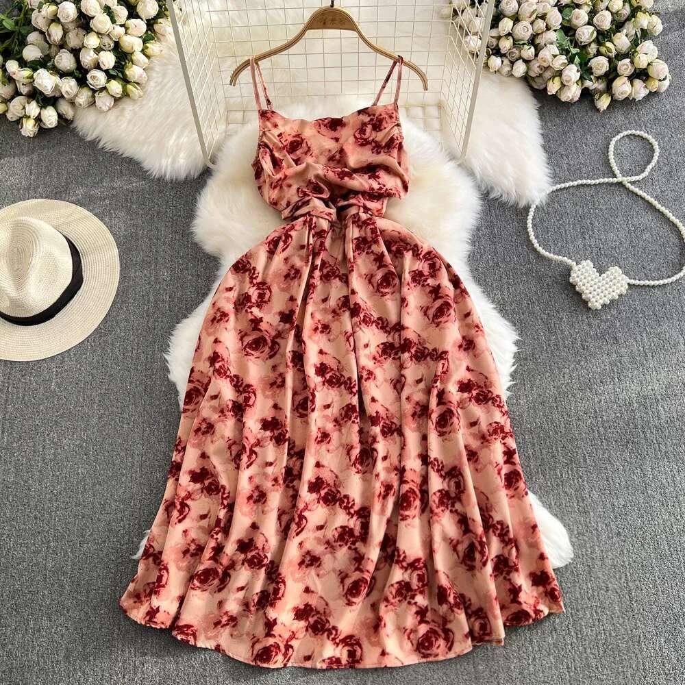 2024 New Romantic ral Long Vintage Rose Print High Waist Spaghetti Strap Summer Dress Lady Beach Sundress
