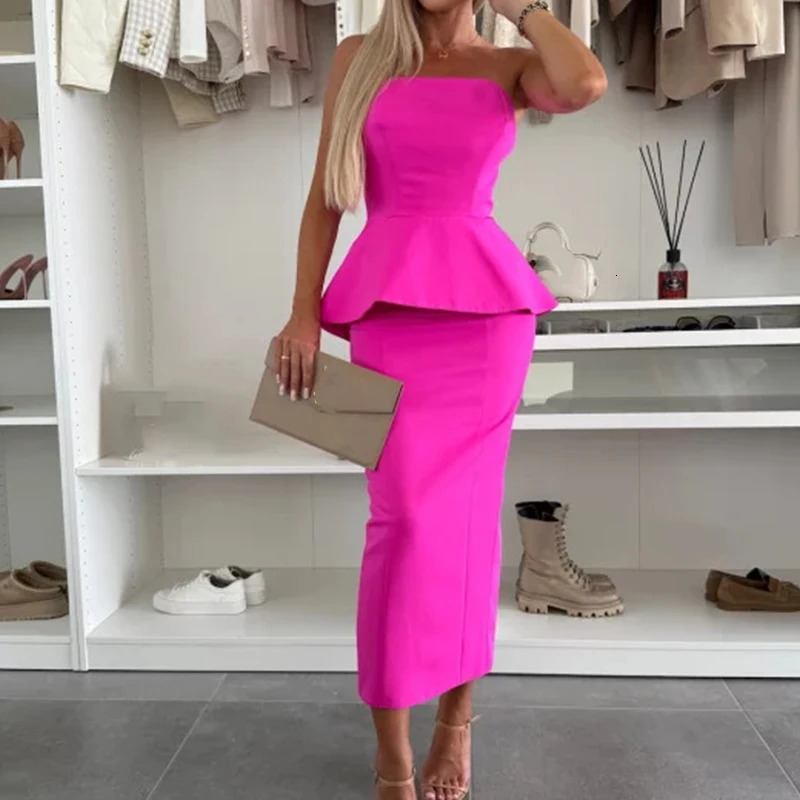 Women Sexy Strapless Top with A-line Skirt 2pc Set Elegant Temperament Multi Color Slim Party Suit Office Lady Wrap Hip Outfits 250220