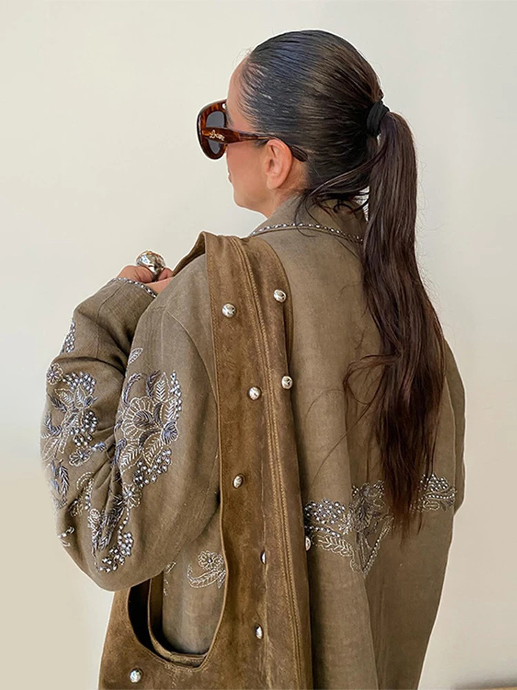Embroidery Flower Bead Blazer Coat Women Chic Single Breasted Loose Turn-down Collar Jacket Autumn Vintage Outwear 250219