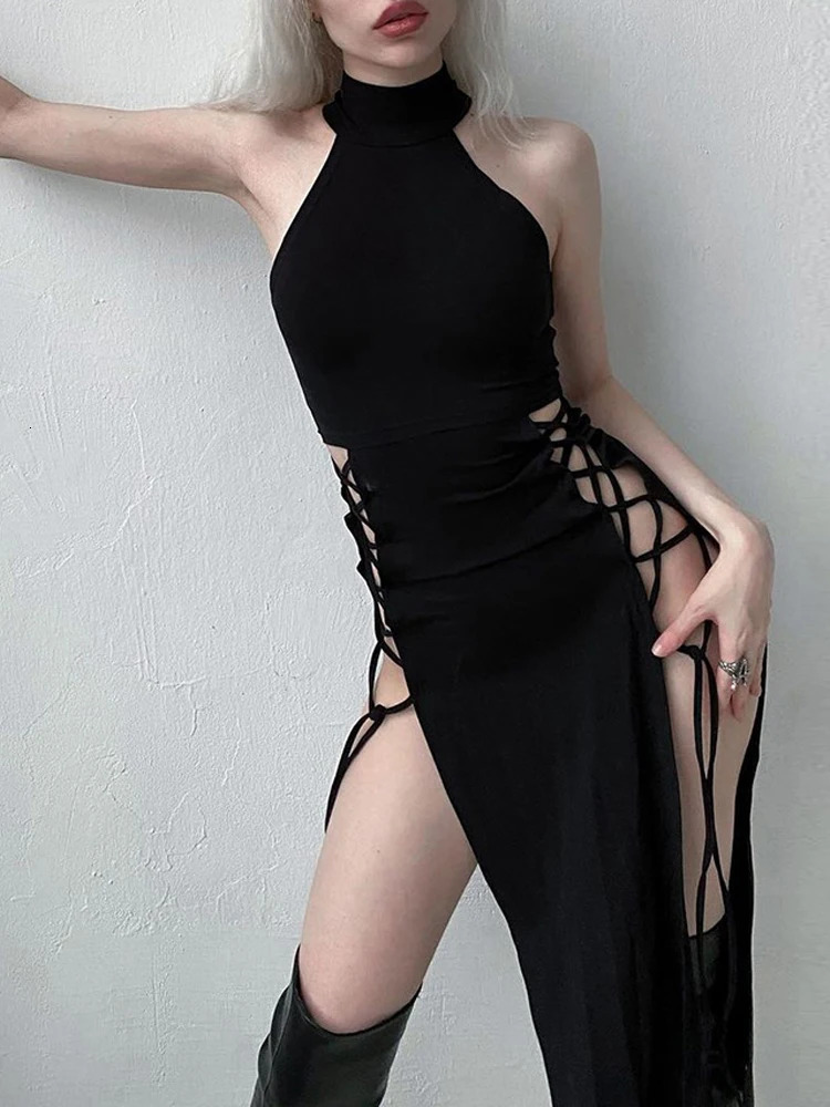 Goth Dark Cosplay High Split Sexy Bandage Womens Dress Y2K Shopping Center Gothic Strap Ultra Thin Midi Black Grunge Style Alt Partywear 250206
