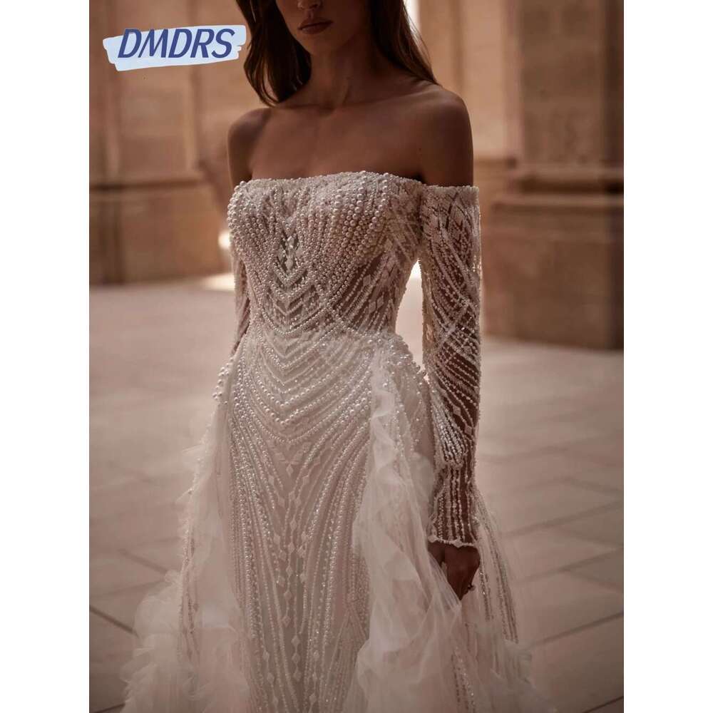 Princess Ivory Dresses with Detachable Tail, Pearl for Bride, Chic Wedding Dress