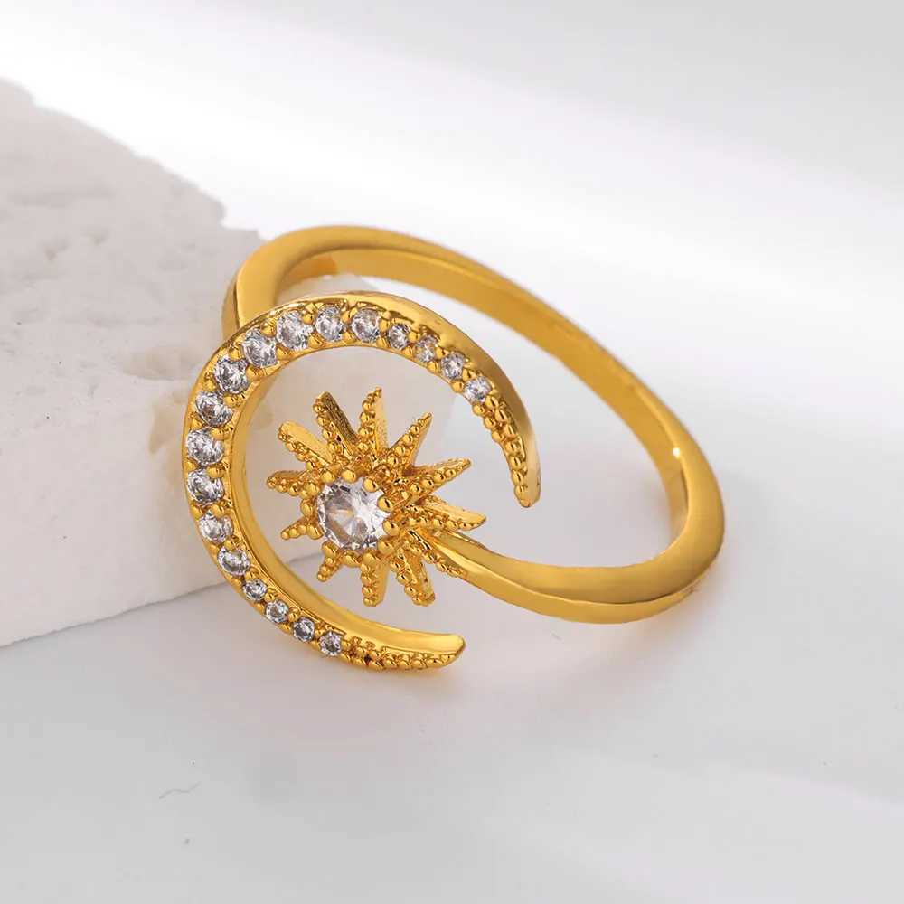 Dainty Zircon Stars Crescent Moon Rings for Wen Stainless Steel Gold Color Geetric Wedding Ring Aesthetic Wedding Jewelry X250220
