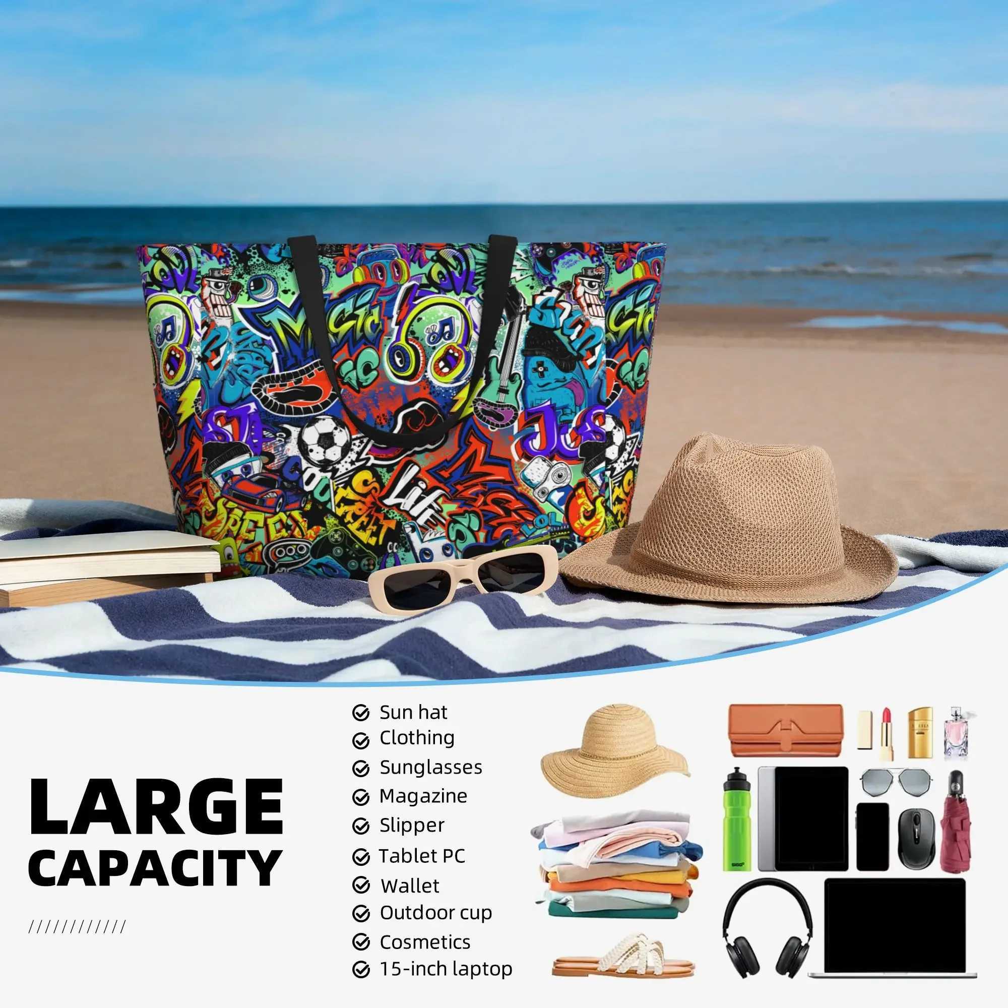 Graffiti waterproof beach handbag ladies large capacity storage bag travel vacation swimming handbag Z250219