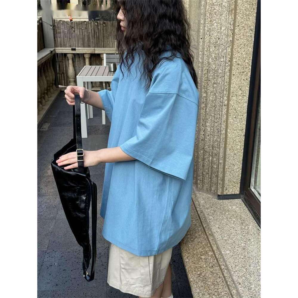 2025 Spring Simple Basic Solid Drop Shoulder T-Shirt Casual 100% Cotton Tees Top White/Black/Light Blue/Red