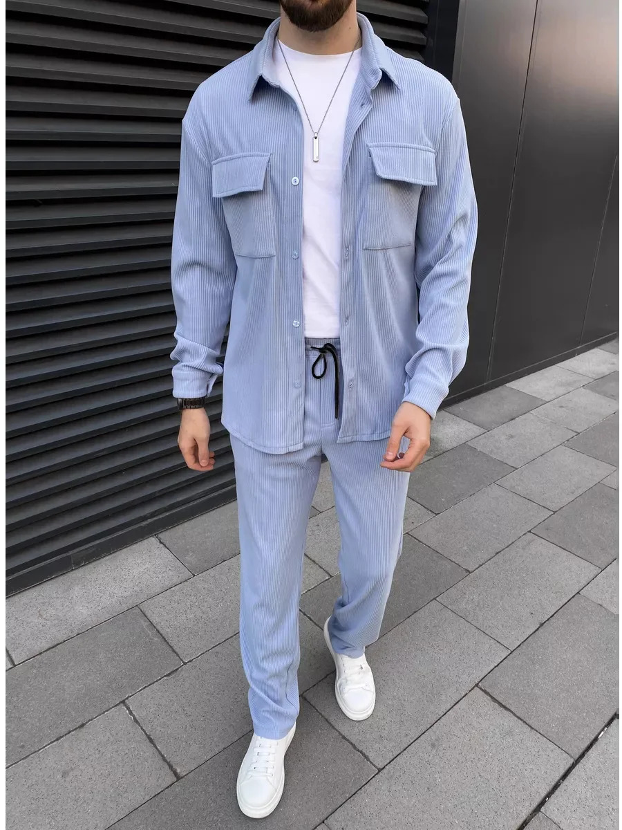 Mens simple front buckle lapel double pocket long sleeve two-piece casual sports solid color striped fashion comfortable 250220