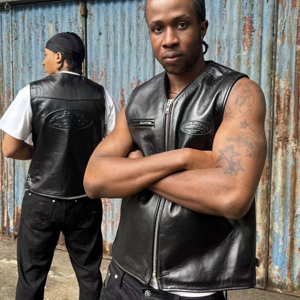 24 Trendy Devil's Island Relief Craftsmanship PU Leather Casual Vest For Men And Women High Street Sleeveless Motorcycle Jacket