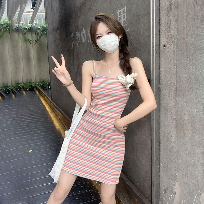 P1020 Rainbow slings small first love style girly striped skirt slightly fat tube top slim sling outer dress