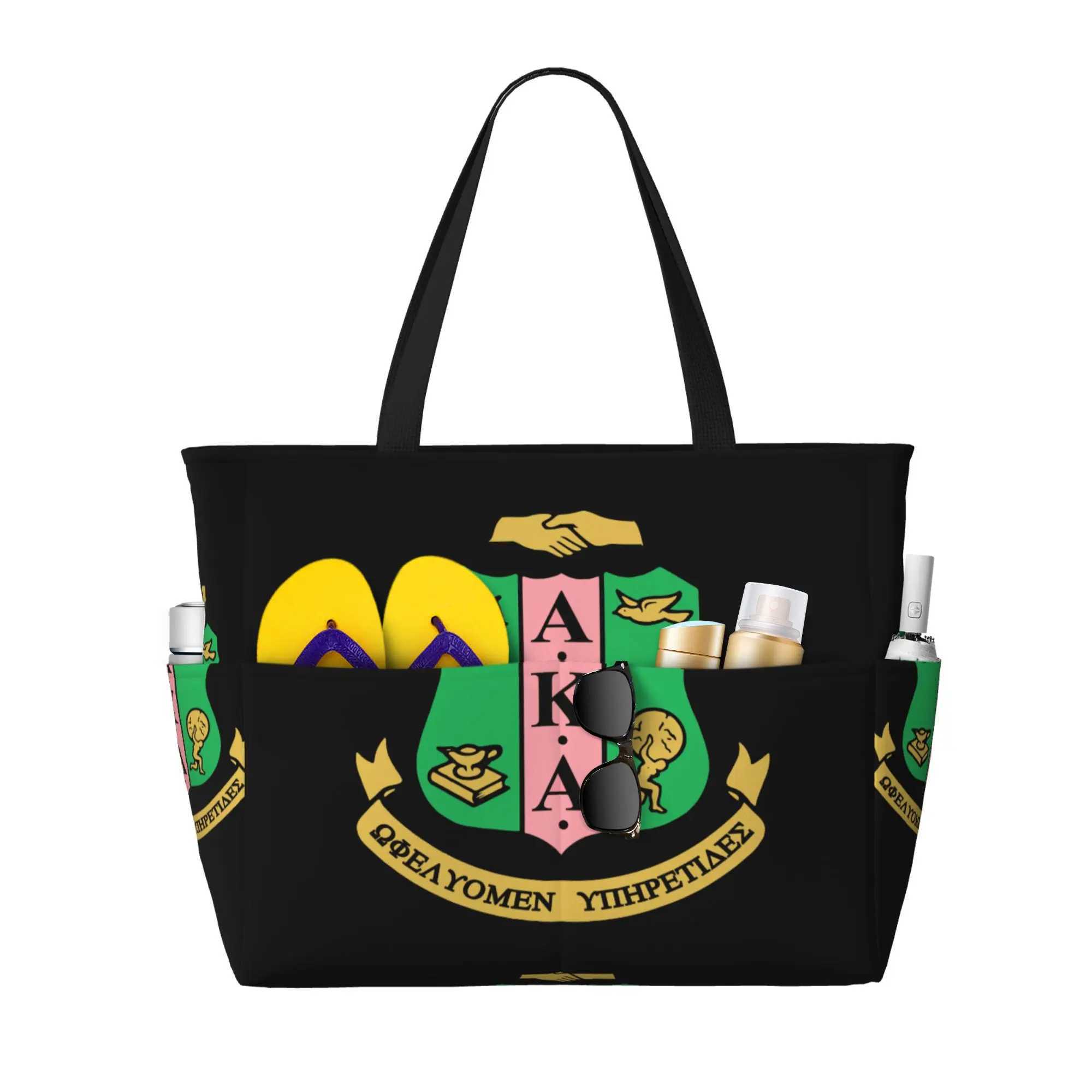 AKA Sorority Large Waterproof Beach Bag for Women Sandproof Pool Bag Tote Bag with Zipper and Pockets for Gym Travel Vacation Z250219