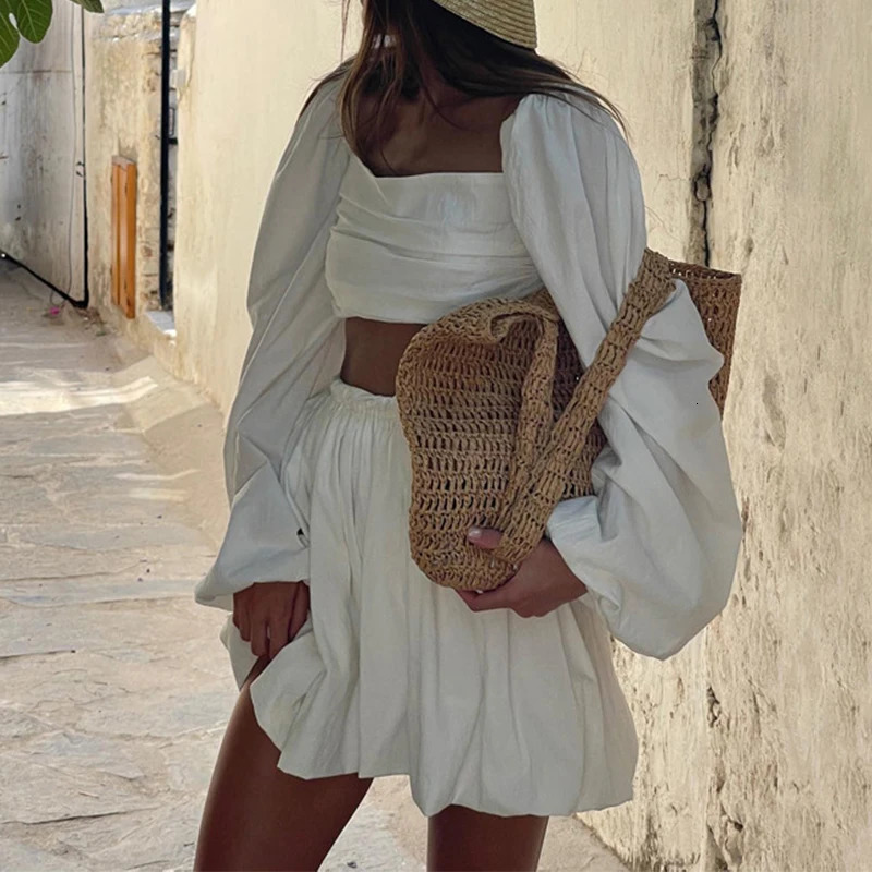 Summer Elastic High Waist Mini Skirt Suit Ladies Sexy Ruffle Slim Beach Outfits All Match Lantern Sleeve Holiday Set 2Pcs 250220