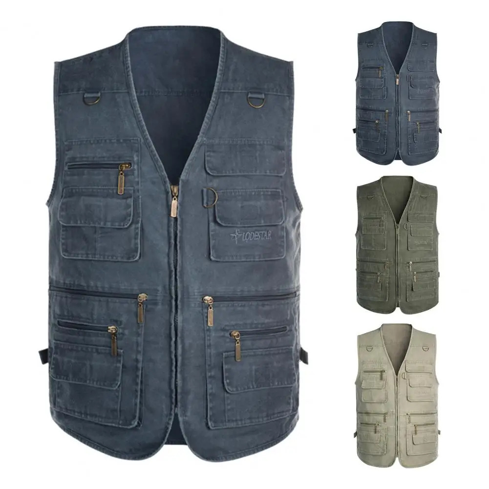 Male Casual Summer Big Size Men Waistcoat Solid V Neck Sleeveless Multi Pockets Pograph Waistcoat Outdoor Vest Fishing Coat 250219