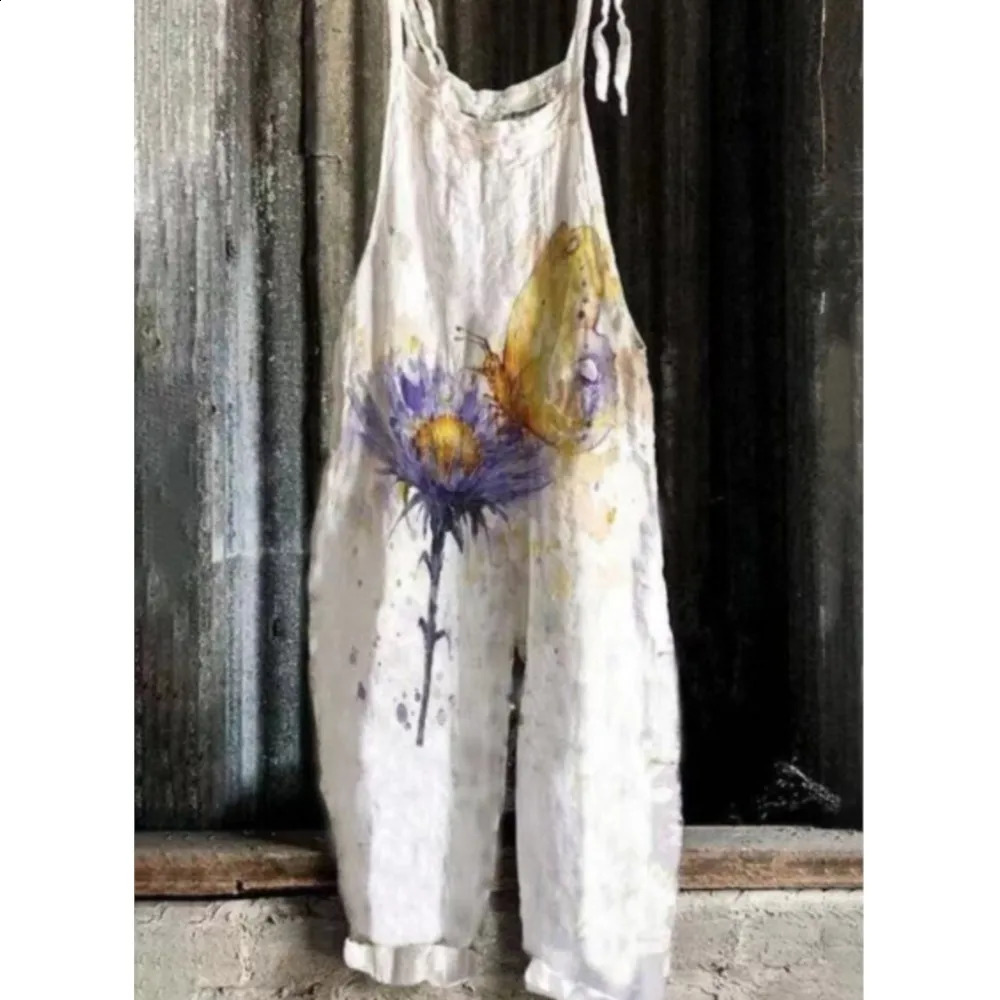 Womens Jumpsuits Summer Overalls Boho Vintage Print Square Neck Sleeveless Casual Rompers Pockets Wide-Leg Pants Womens Playsuit 250220