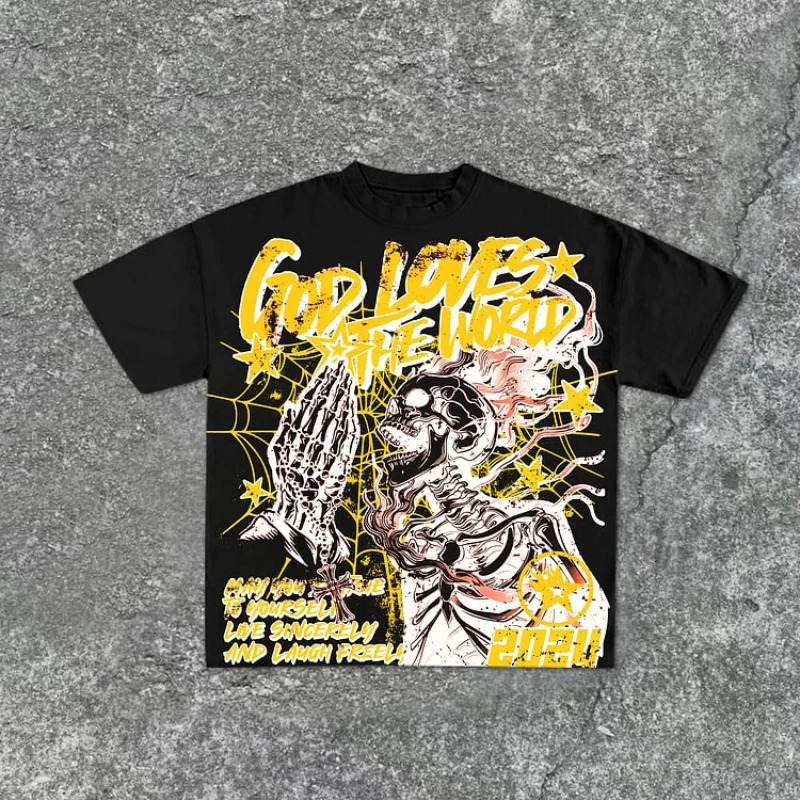 Casual Short Sleeve God Loves The World Graphics Cotton TShirt Men Y2K Sleeves Oversize Tshirt Streetwear Women Tops 250214