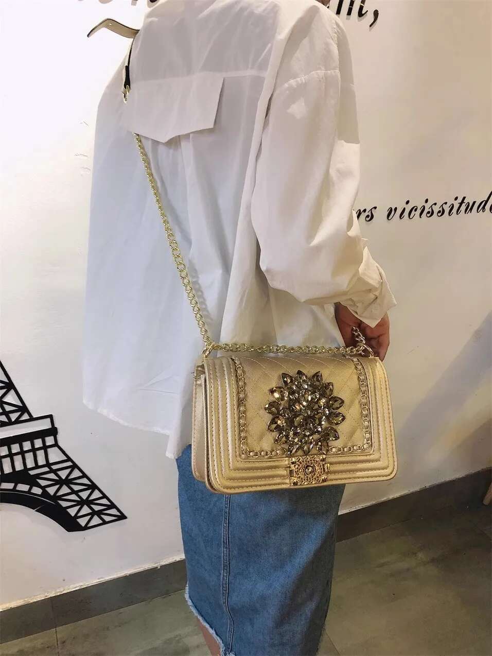 High Quality Textured Leather Fashion Plaid Square Crystal Shiny Rhies Women Handbag Shoulder Messenger Bag Lady Purse