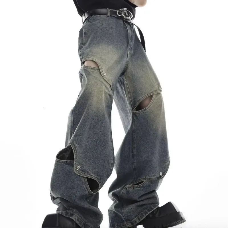Cool Autumn Fashion Deconstructed Metal Button Jeans Men Heavy Industry Hollow Causal Loose Straight Wide Leg Pants Male 250220