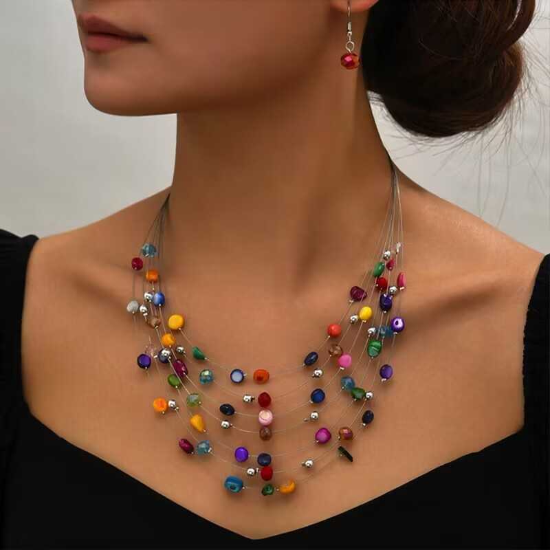 Pendant Necklaces Bohemian Beach Crystal Shell Ethnic Style Multi layer Necklace Earring Set Neck Chain H25219