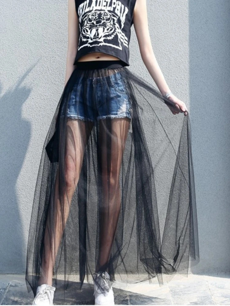 2024 Summer Long Lace Skirt Women Black White Mesh Voile Casual Skirts Low Waist Bohemian Sexy Transparent Maxi Wear 250220