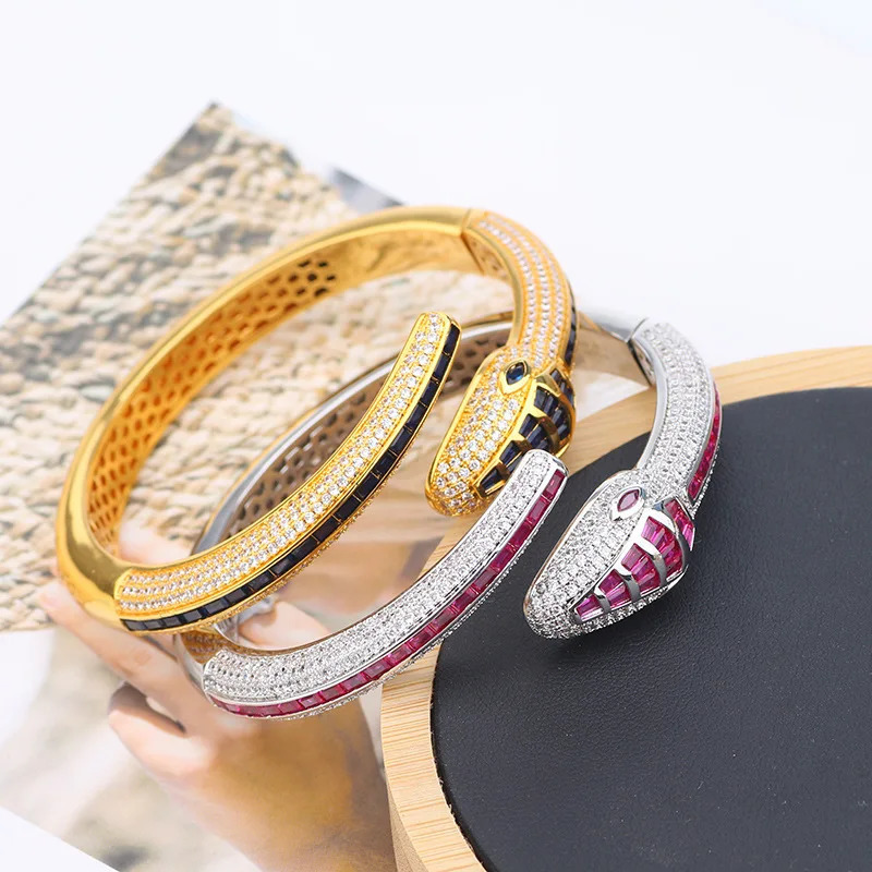 Europe America Style Bracelet Womens Gold Plated Colorful Inlaid Cube Zircon Snake Open Bracelet 250220
