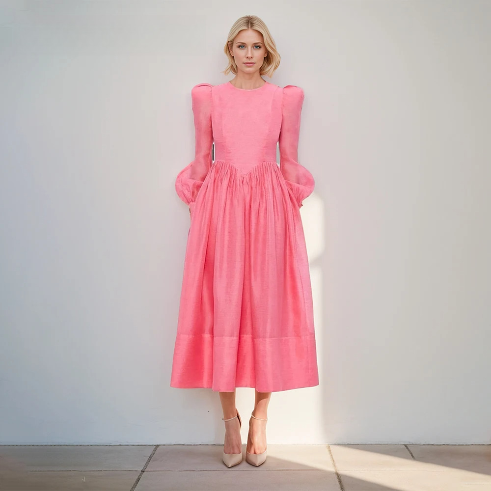Temperament Elegant Solid Dress For Women Round Neck Lantern Sleeve High Waist Spliced Zipper Loose Dresses Female