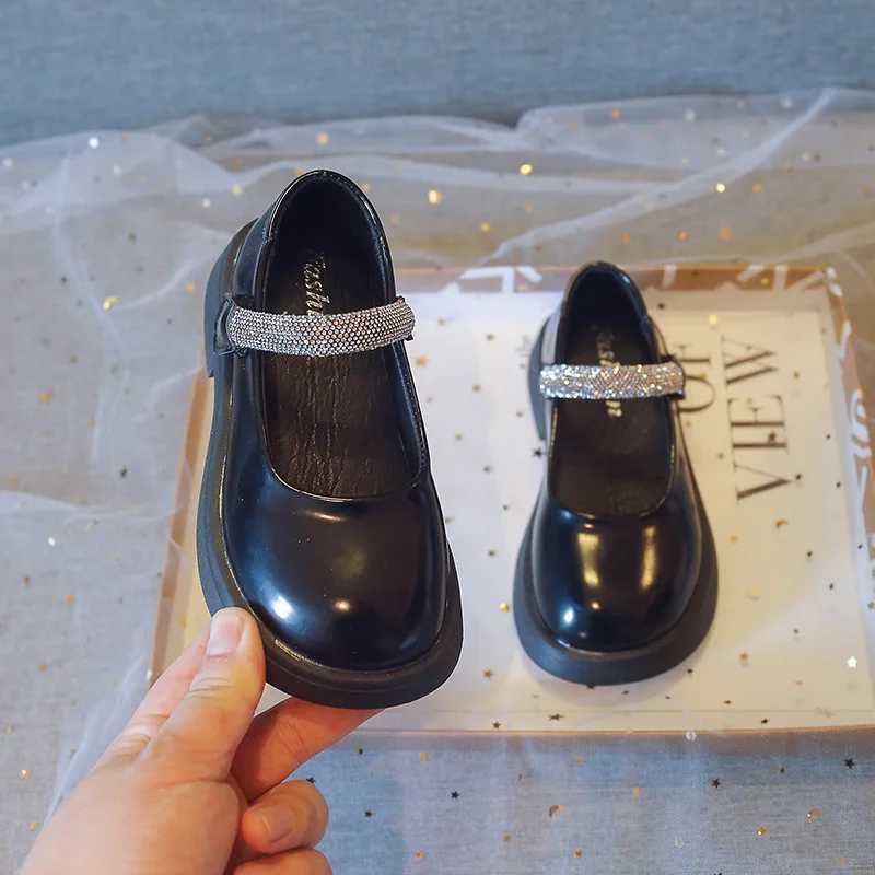 Korean Style Childrens Leather Shoes 2023 Spring New Fashion Kids Glossy Shallow Rhinestone Girls Performance School Shoes PU X250220
