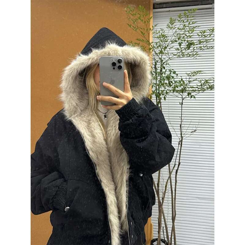 American Retro Fur Collar Hooded Women Y2K Streetwear Winter New Veet Thickened Warm Haruku Loose Casual Jacket