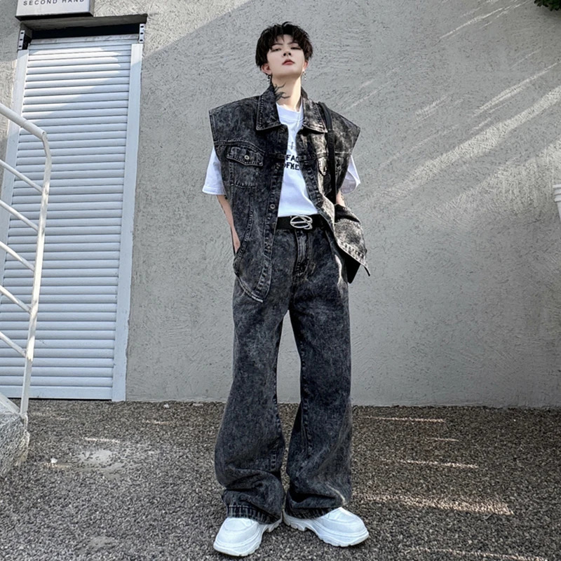 PFNW Two-piece Men Suit Washed Snowflake Pattern Round Hem Denim Vest High Street Jeans Male Set Spring Stylish 28W3286 250220