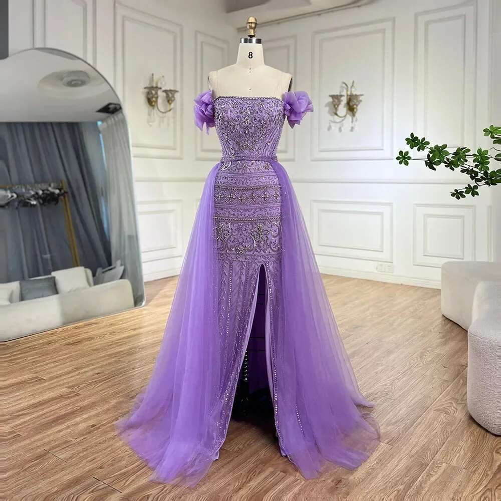 Purple Arabic Spaghetti Strap High Split Mermaid Beaded Evening Dresses Gown Prom Party Customize BLA