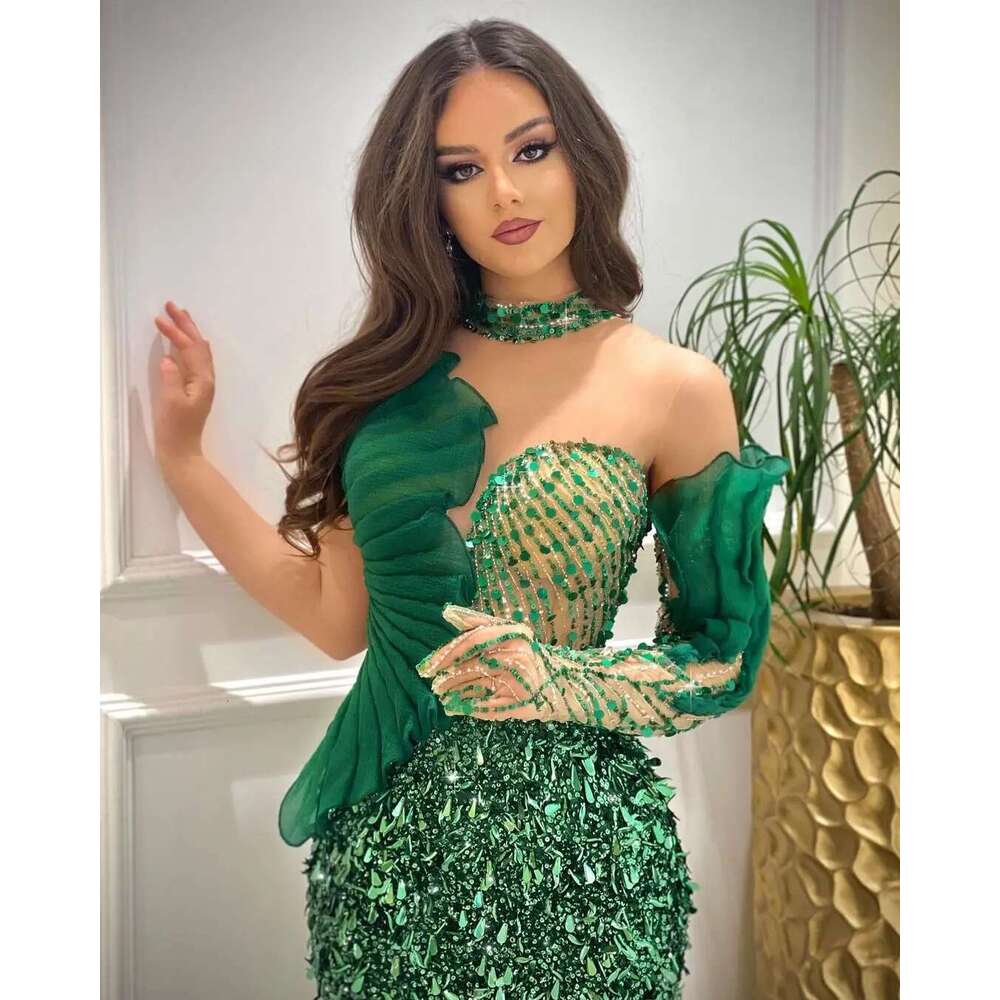FATAPAESE-Emerald prom irregular neckline, glitter, spark stripes, crystals, mermaid dress, formal, flattering, party