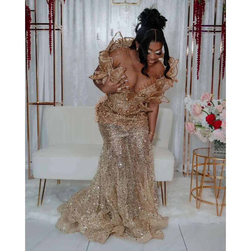 Sequins rhinestone pearls formal evening party sea reception birthday dre aso ebi illusion gold mermaid prom dresses