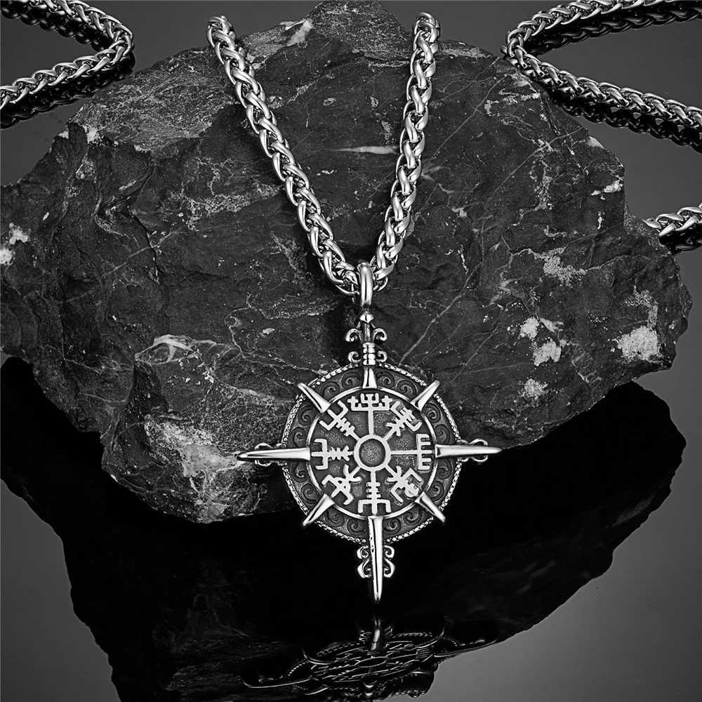 Retro Gold Color Vikings Compass Necklace Men Antique Stainl Steel Norse Rune Amulet Pendant Vegvisir Homme landic JewelryXJ250219