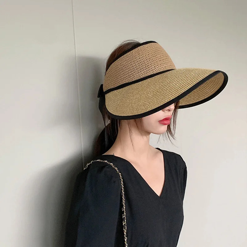 Summer Adjustable Ribbon Empty Top Straw Hats For Women Foldable Wide Large Brim Beach Hat Chapeau Femmeuv Protection Cap 250219