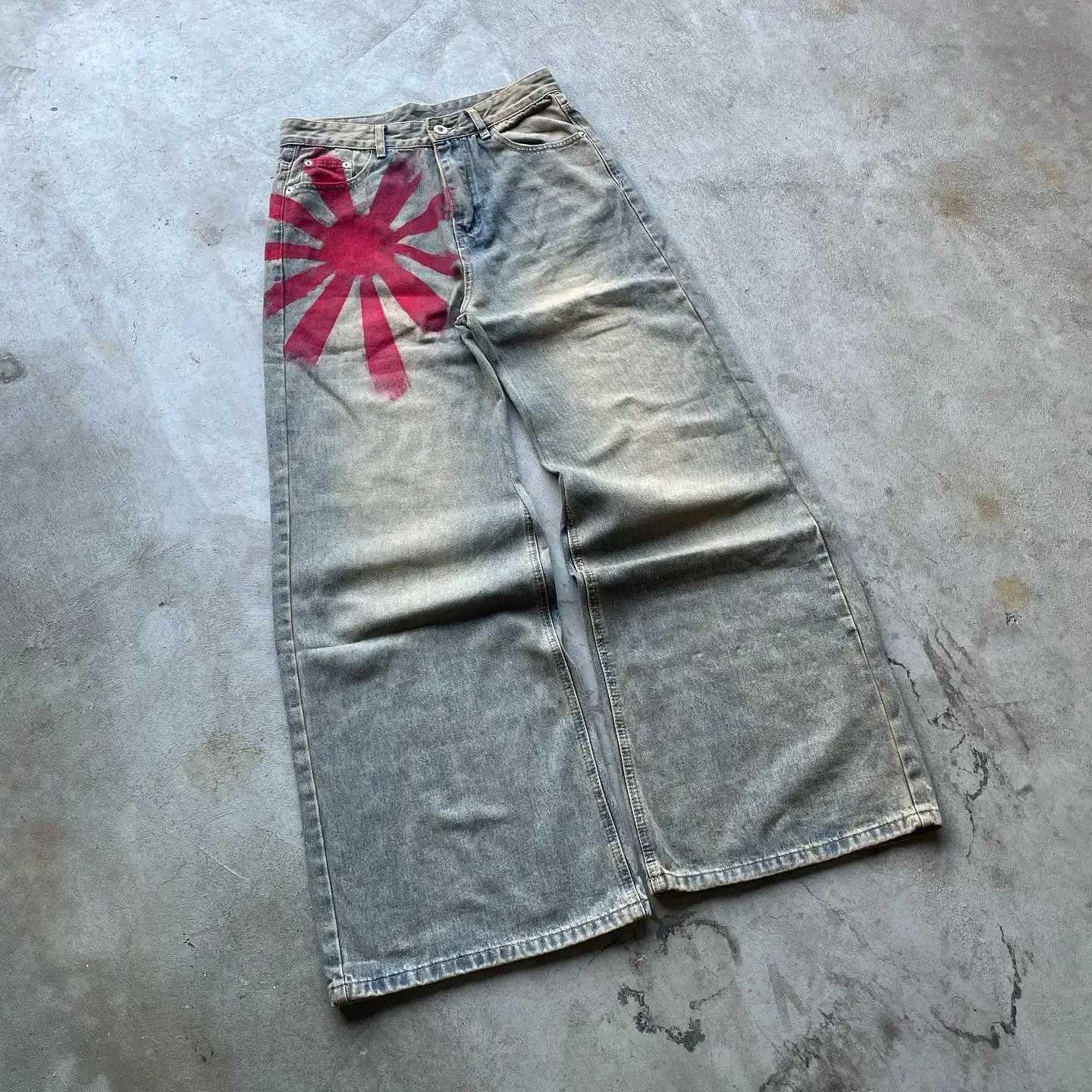 Y2K retro streetwear red print grey washed bag jeans mens Harajuku womens gothic skateboard pants fashionable wide leg pants X250220