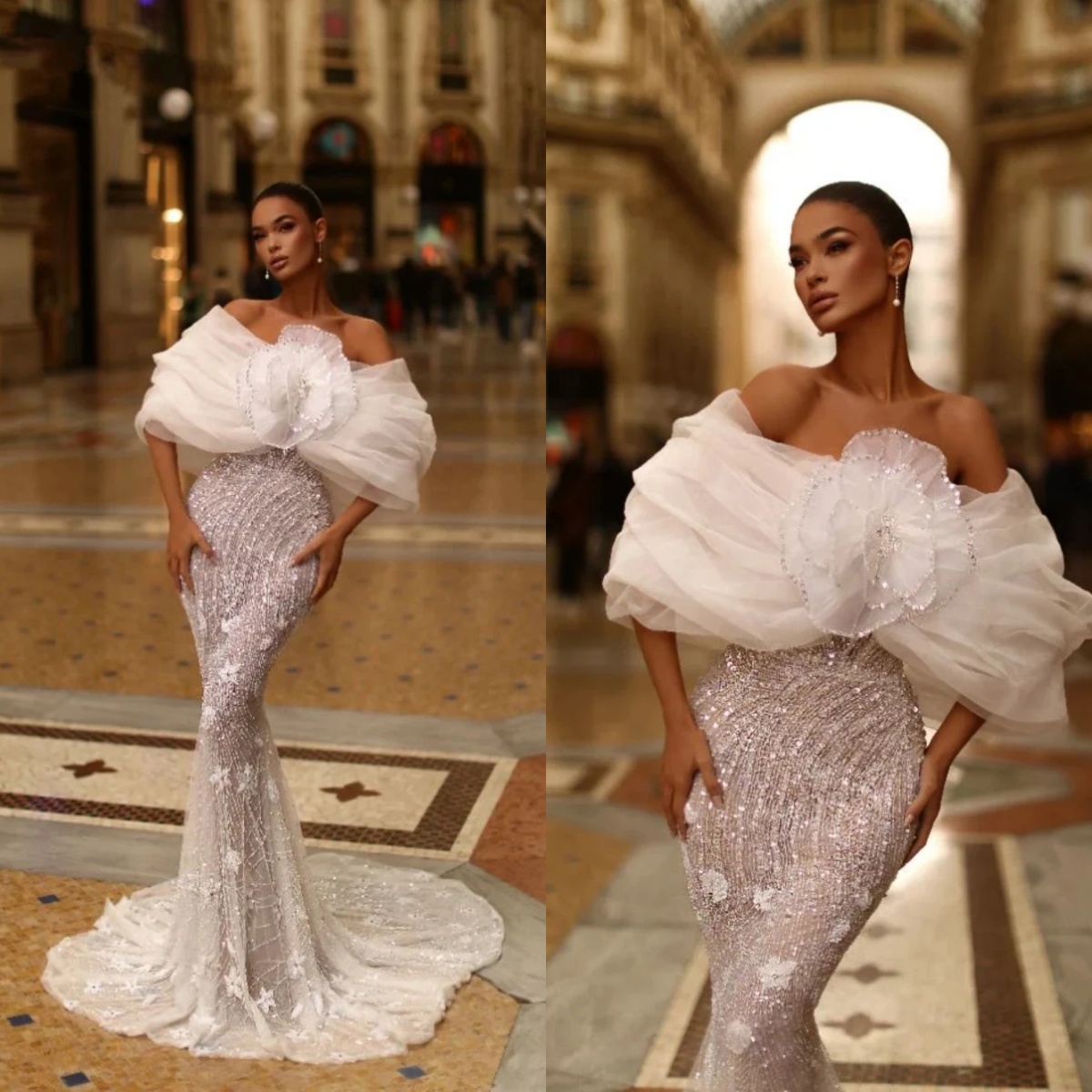 Designer Evening Mermaid Dresses For Women Off Shoulder Sleeveless Gown Sequins Appliques Customized Dress