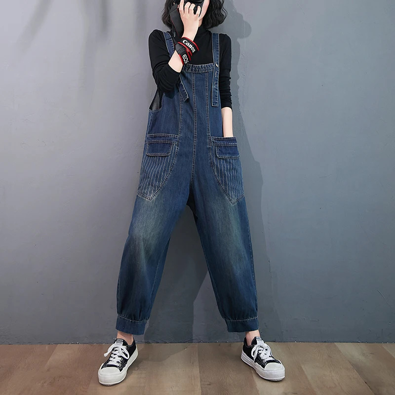 #1427 Blue Denim Overalls For Women Loose Big Pockets Casual Straight Jumpsuits Ladies Spaghetti Strap Rompers High Waisted 250220