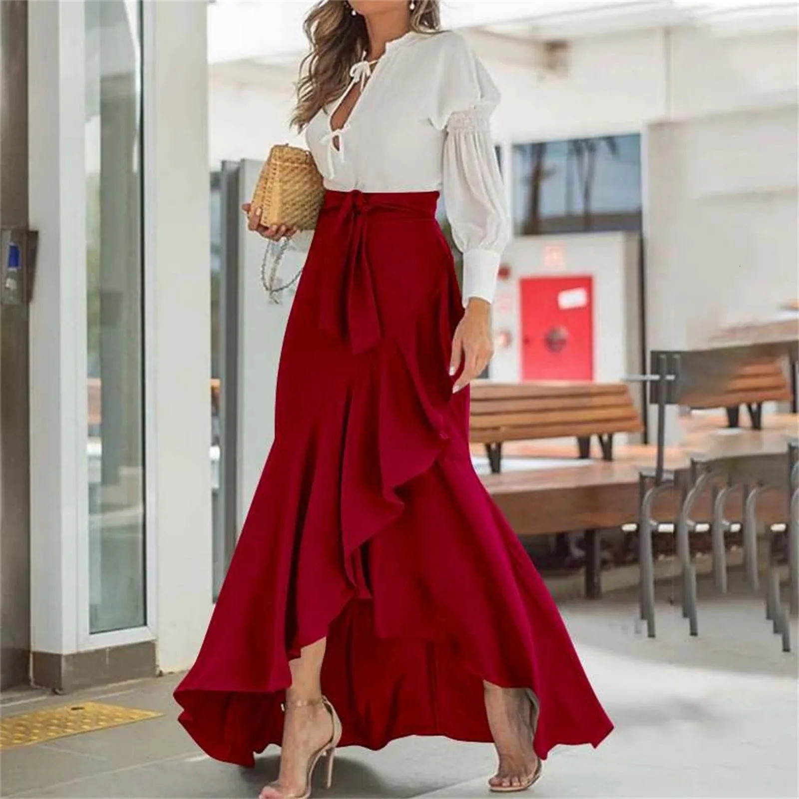 Womens Irregular Ruffle Hem Wrapped Hip Fishtail Skirt Solid Color High Waist Lace Up Elegant Lady Office Work Swing Party 250220