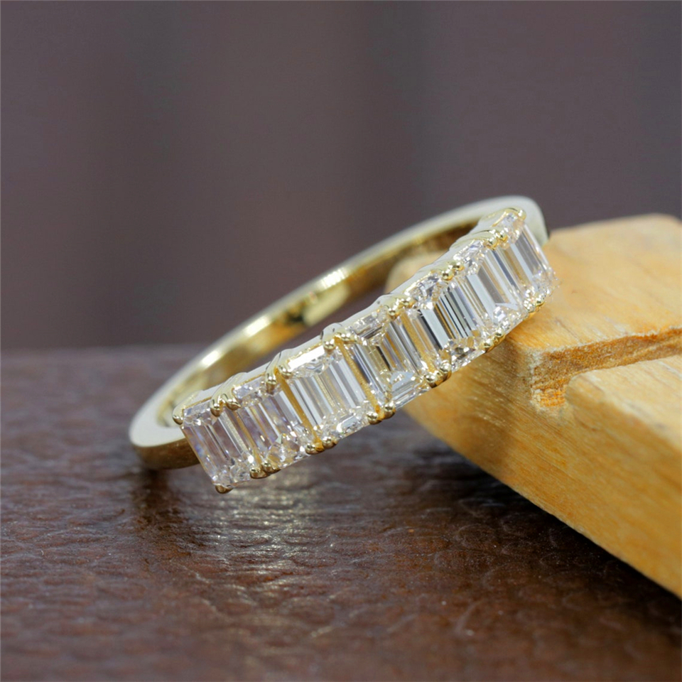 Jewelry 18K Yellow Gold 7 Stones 4*3mm Emerald Cut Lab Diamond Half Eternity Band Women Wedding Ring 14K HPHT Lab Diamond Women Ring