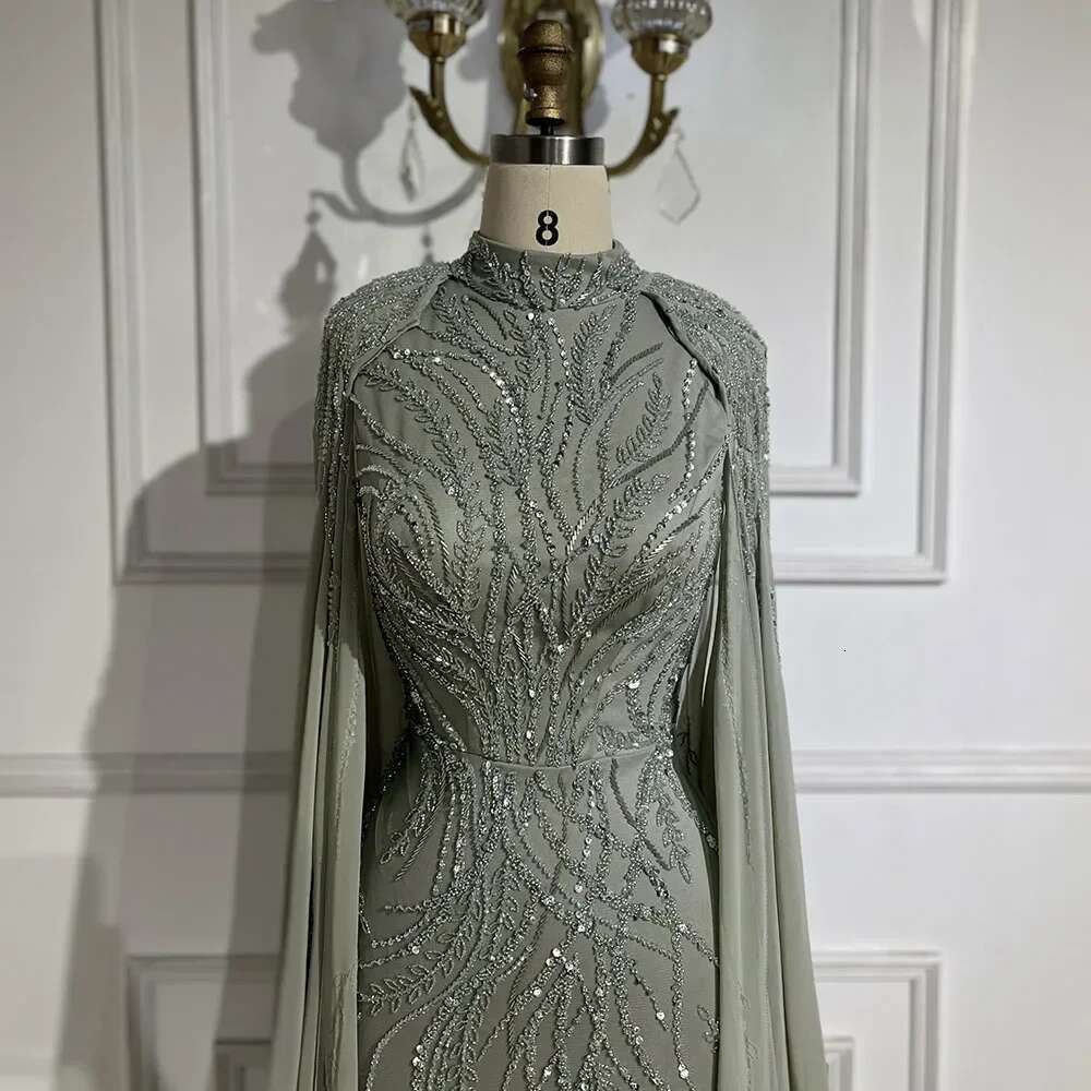 Sage Muslim Green Mermaid Long Cape Beaded Satin Evening Dresses Gowns For Women Party Customizbla A