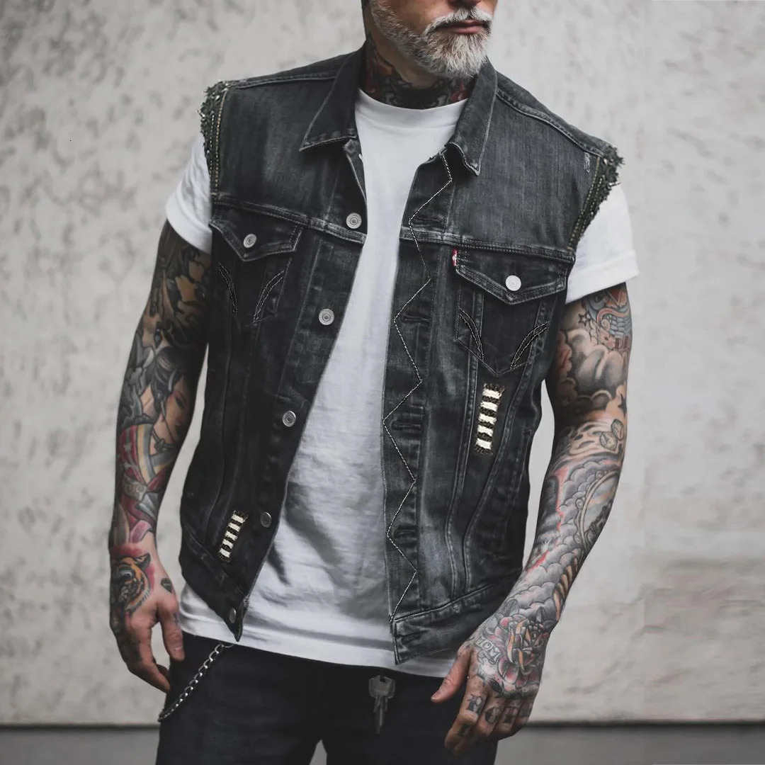 Mens Spring And Summer Four Seasons -selling Street Riding Motorcycle Peng Skull Print Sleeveless Vest Denim Jacket 250219