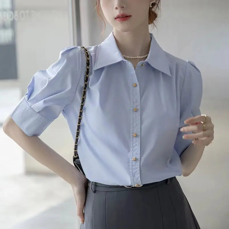 Summer Office Lady Short Sleeve Shirts Womens Solid Color Basic Blouse Korean Fashion Button Up Elegant Female Clothing Tops 250219