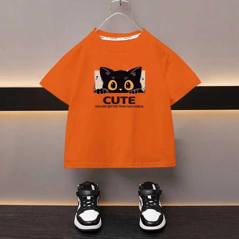 T-shirts 100% Cotton Childrens T-Shirt Japanese Cartoon Cute Cat Girl Top High Quality Boys Crew Neck Black T-Shirt Printed Clothing H250220