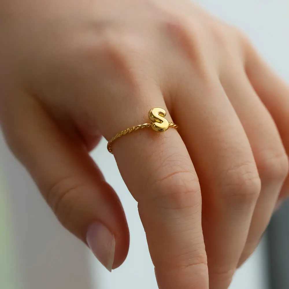 Cute Chunky Stainless Steel Intial Rings For Wen Girls Open Adjustable Gold Color Letter Ring Five Alphabet Jewelry Gift X250220