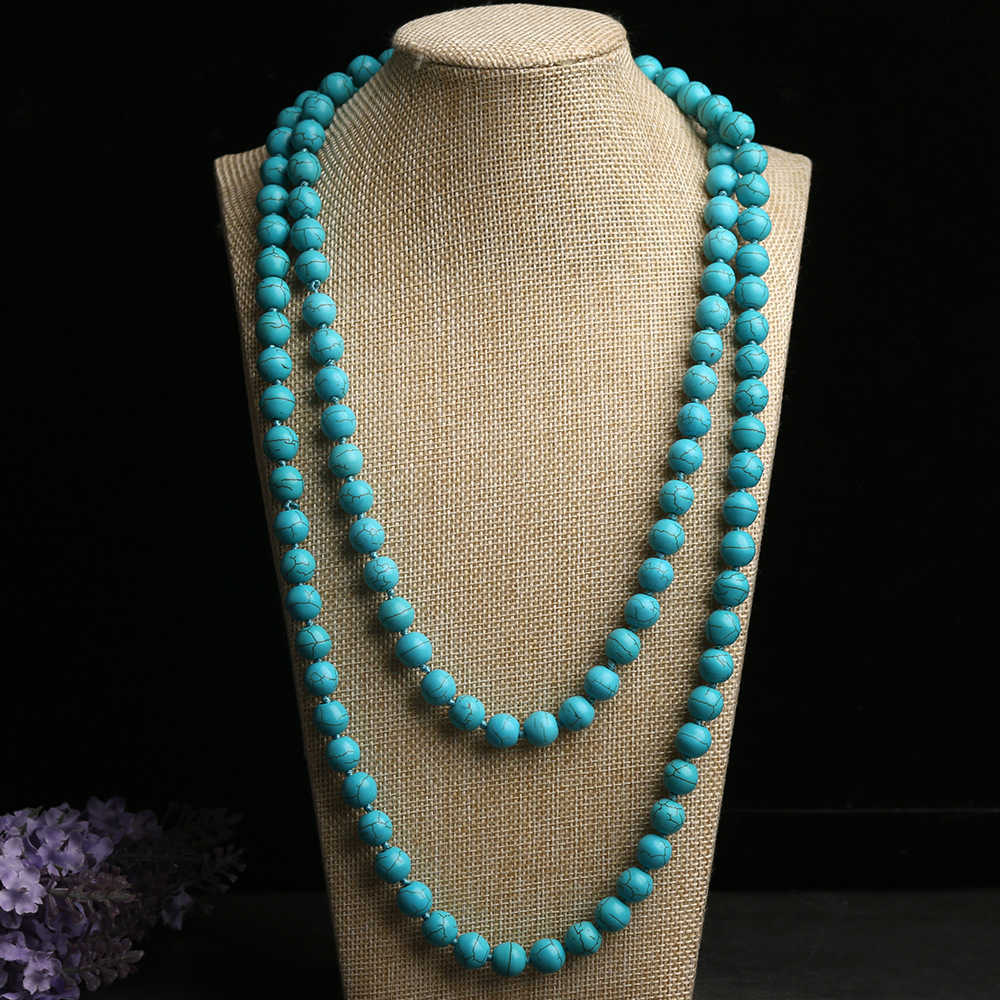 Pendant Necklaces Manufacturers straight turquoise long sweater chain knotted round bead chain multi circle necklace accessory H25219