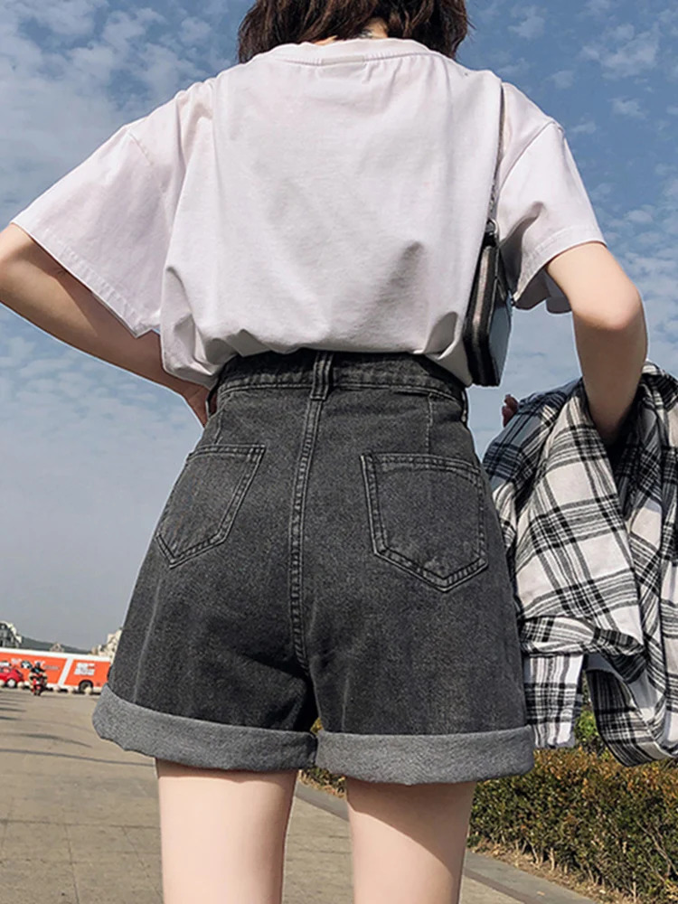 FTLZZ Summer Women High Waist Button Wigh Leg Jeans Shorts Casual Female Loose Fit Blue Denim Shorts 250219