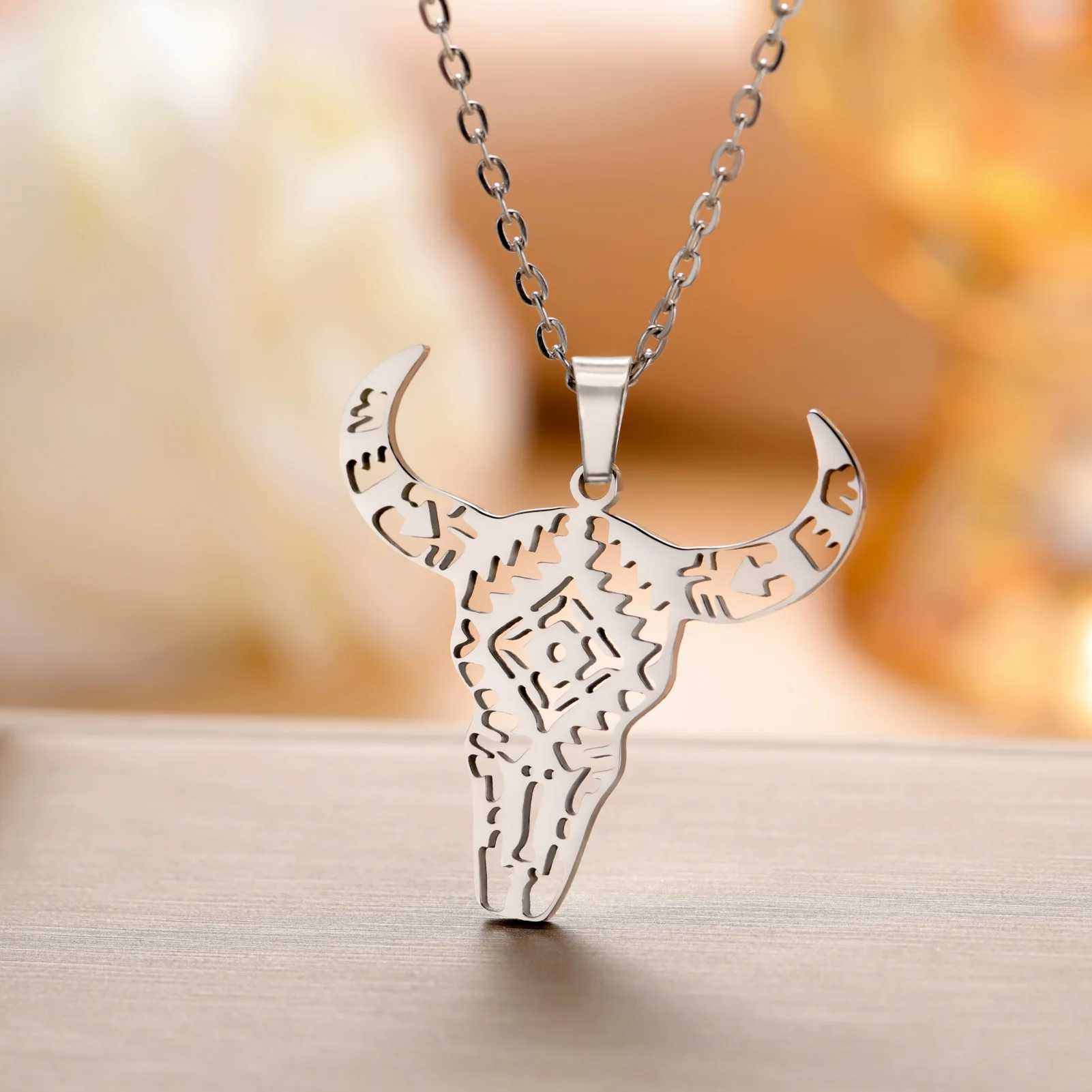 Unift Stainl Steel Bull Head Necklaces for Women Teen Strength Power Spiritual Animal Pendant Punk Hip Hop Statement JewelryXJ250219