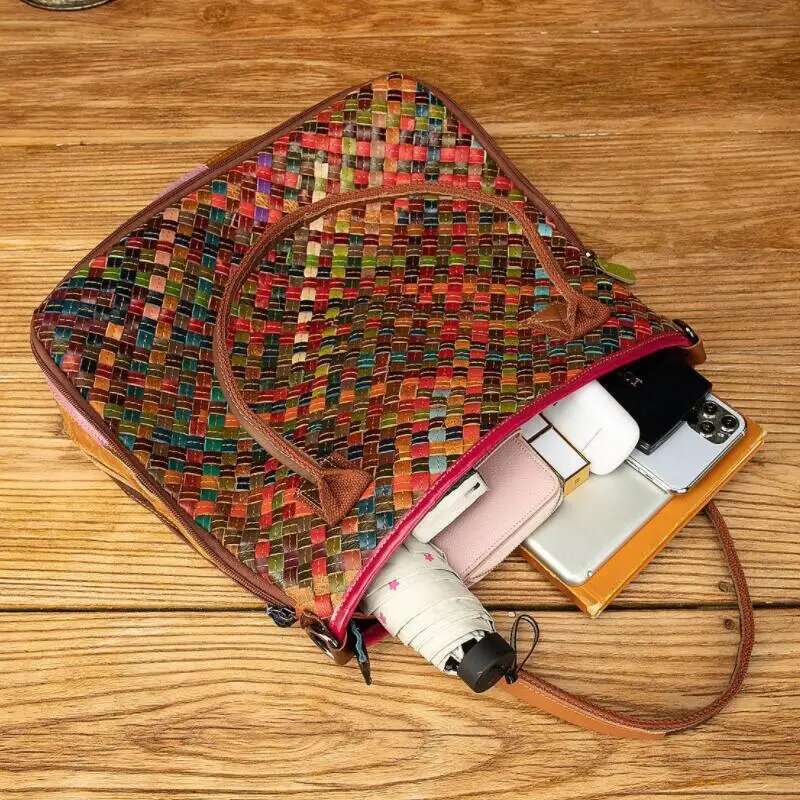 LOMANTINA Ultra Slim Genuine Leather Woven Knitting Ladies Large Purses And Handbags Women Designer Tote Travel Bags