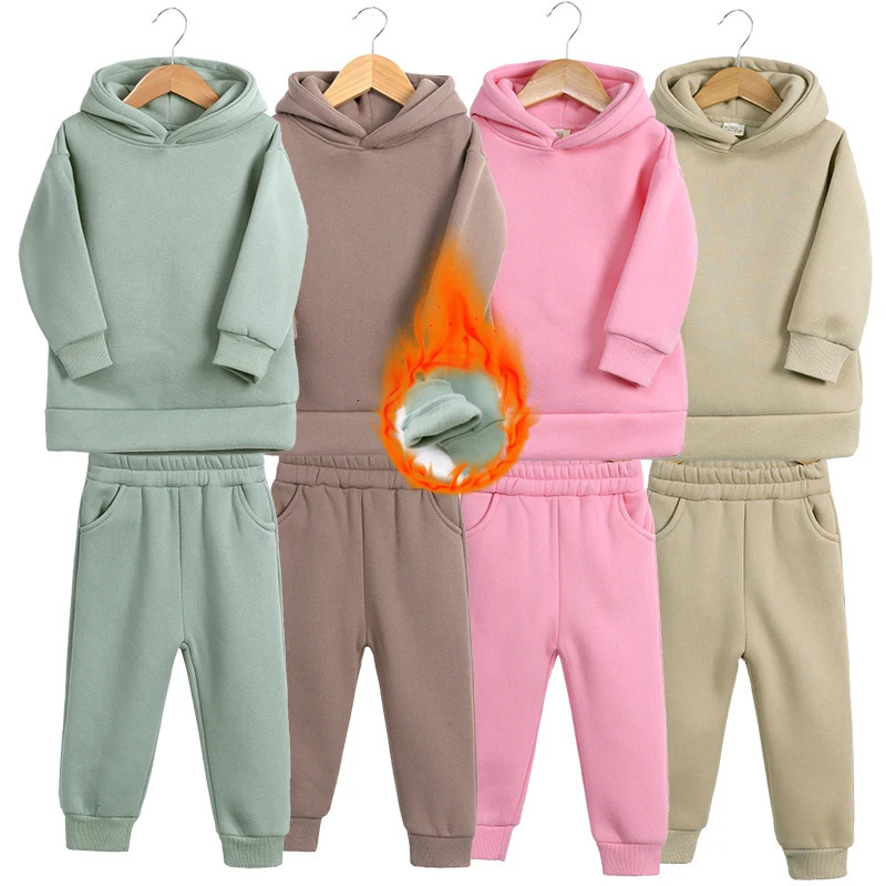 Winter Warm Childrens clothing Sets Kids Girls Fleece Outfits Boys Clothes Baby Sport Hoodied and Pants Toddler Tracksuit 250220