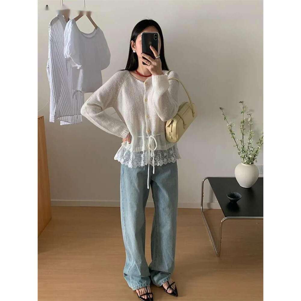 Age Reducing Lace Patchwork Cardigan Women 2025 Spring Knitted Sweater Yellow/Green/White/Gray/Blue