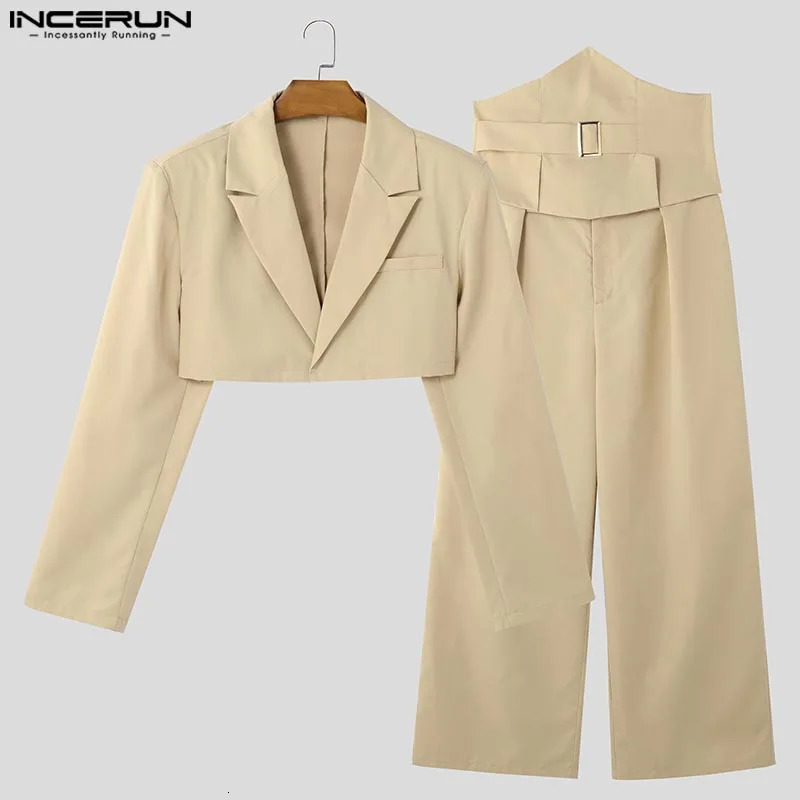 INCERUN Spring and Autumn Mens Long Sleeve Top Solid Wide Leg Pants Mens Two Piece Casual Set Streetwear 250220