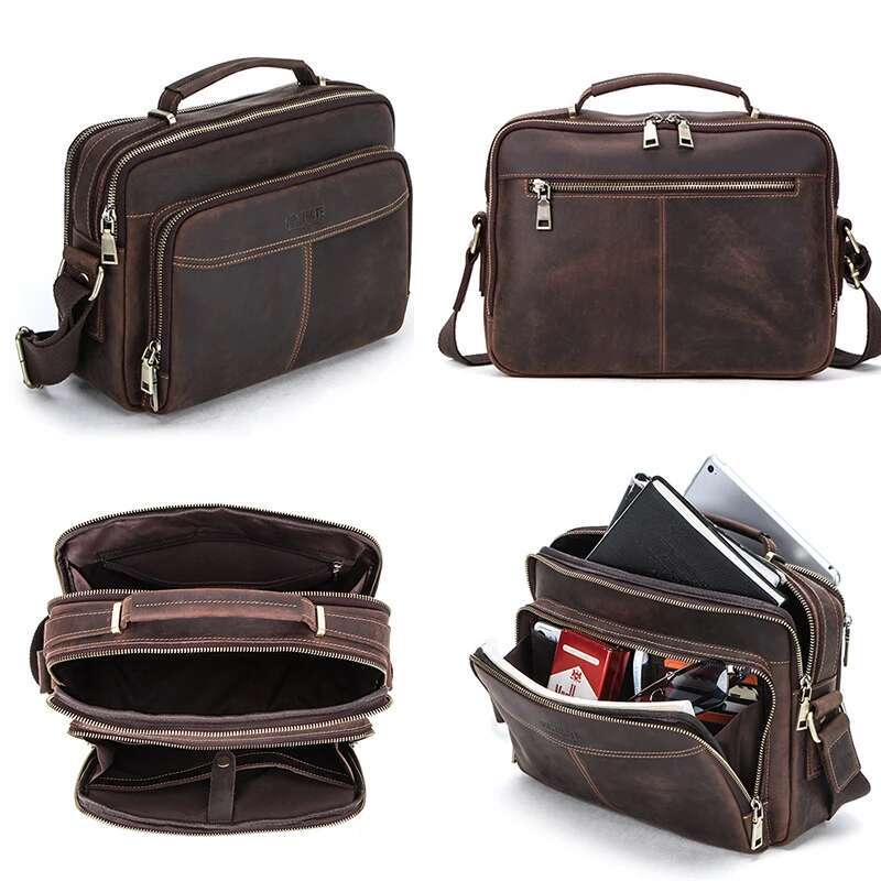 Crazy Horse Messenger Bag, Vintage Large Capacity Crossbody Shoulder Bag Men Retro Male Leather Handbags For Tr