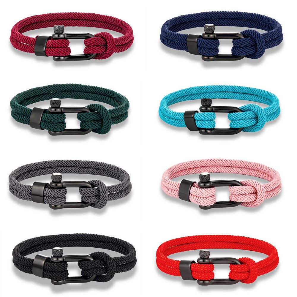 Charm Bracelets Black stainless steel horseshoe buckle mens double-layer Milan rope outdoor leisure wristband H25220